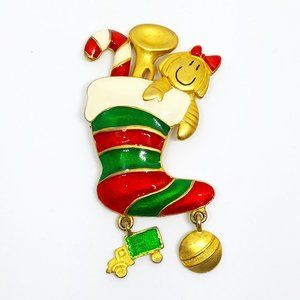 Vintage Red Green White Enamel Christmas Stocking Dangle Pin Brooch Signed Tona